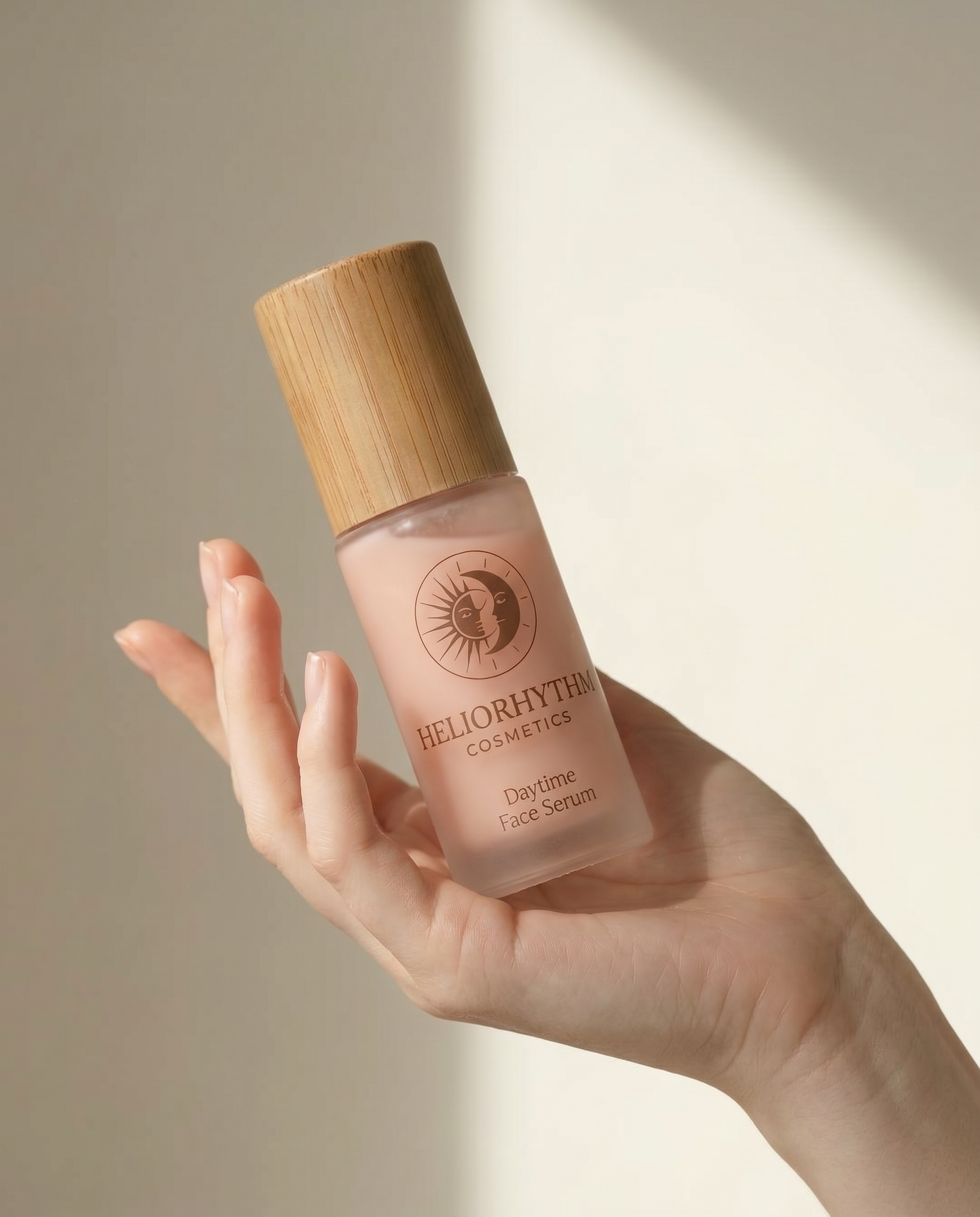Hand holding HelioRhythm Nighttime Repair Serum bottle