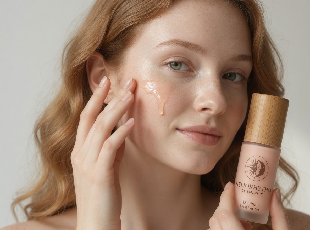Nighttime skincare ritual — applying HelioRhythm serum before sleep