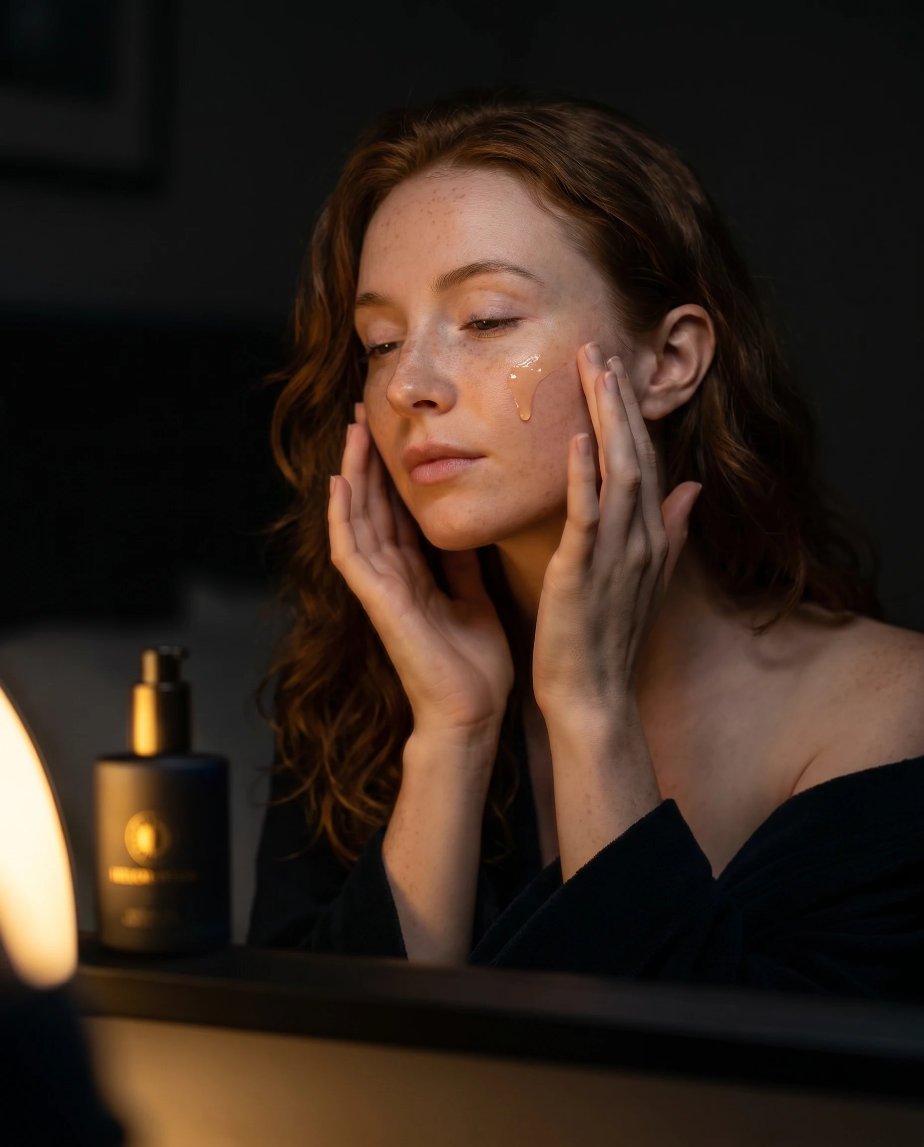 Applying HelioRhythm serum before sleep
