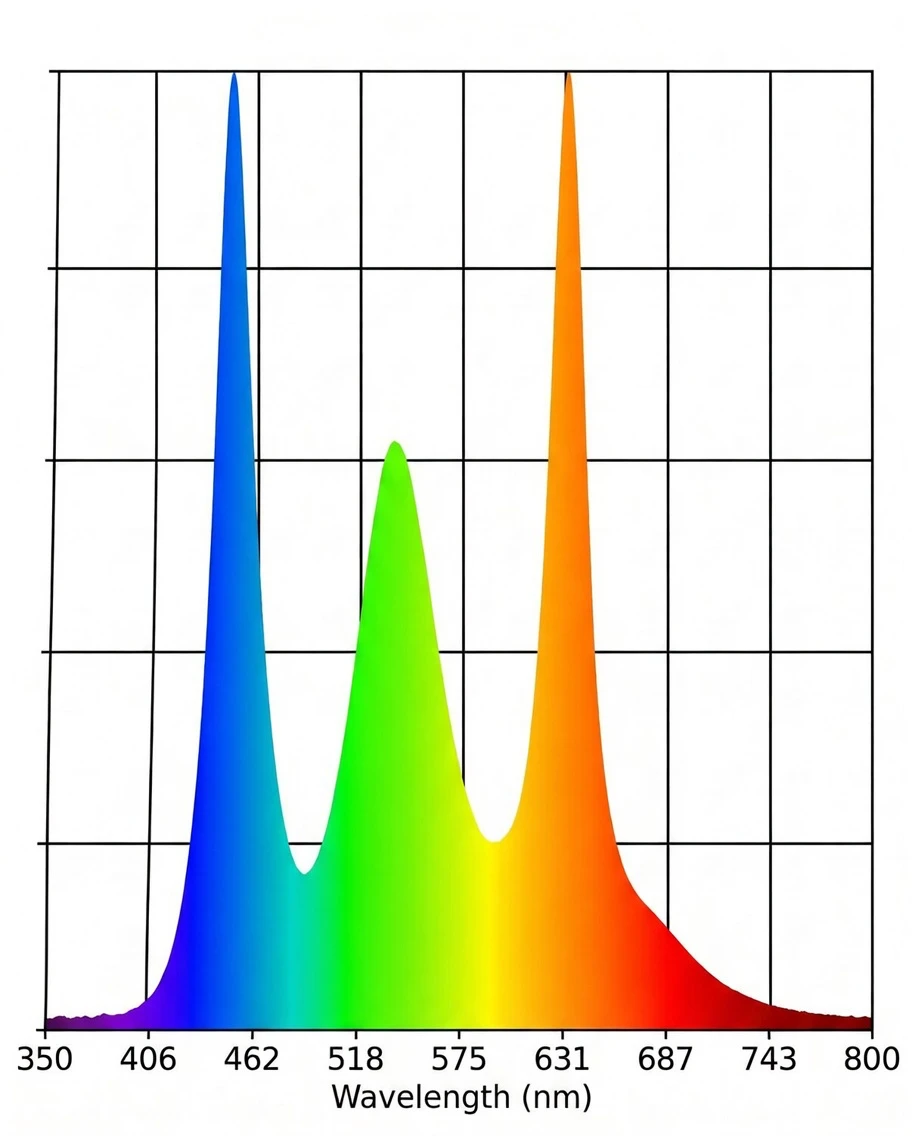 Measured emission spectrum of a MacBook display showing blue, green and red sub-pixel peaks