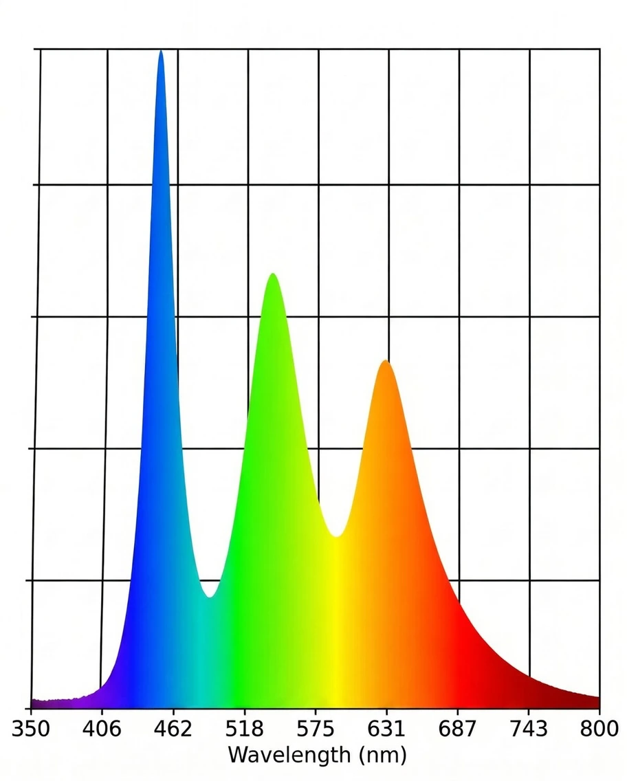 Measured emission spectrum of a smartphone display showing dominant blue peak at 462nm